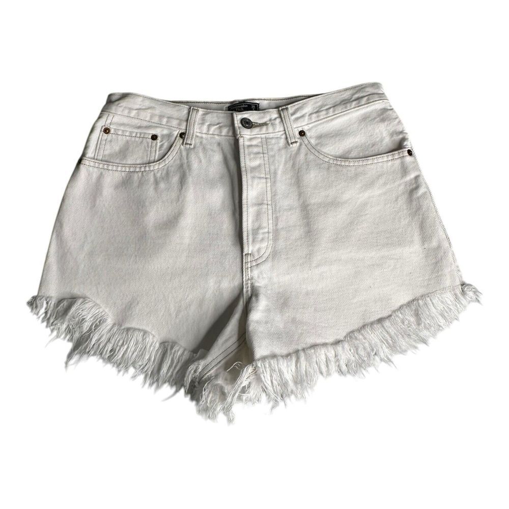Abercrombie & Fitch Mom 4" Cutoff Ivory Destroyer Denim Jean Shorts Sz 28‎ Curve